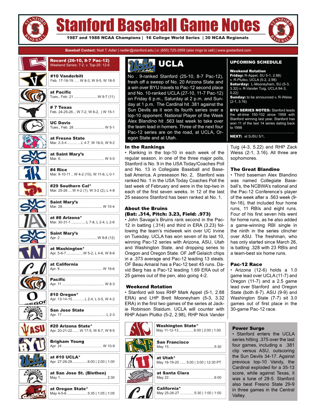 Stanford Baseball Game Notes 1987 and 1988 NCAA Champions | 16 College World Series | 30 NCAA Regionals