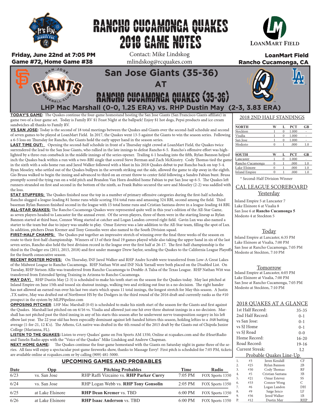 Rancho Cucamonga Quakes 2018 Game Notes