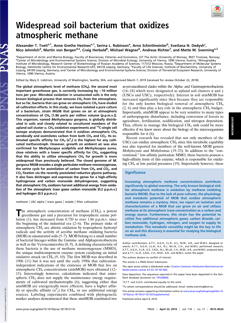 Widespread Soil Bacterium That Oxidizes Atmospheric Methane