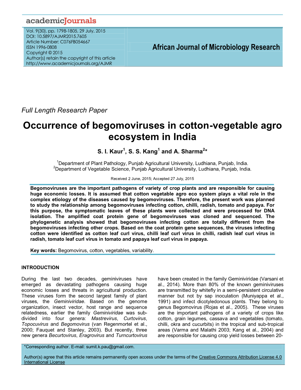 Occurrence of Begomoviruses in Cotton-Vegetable Agro Ecosystem in India