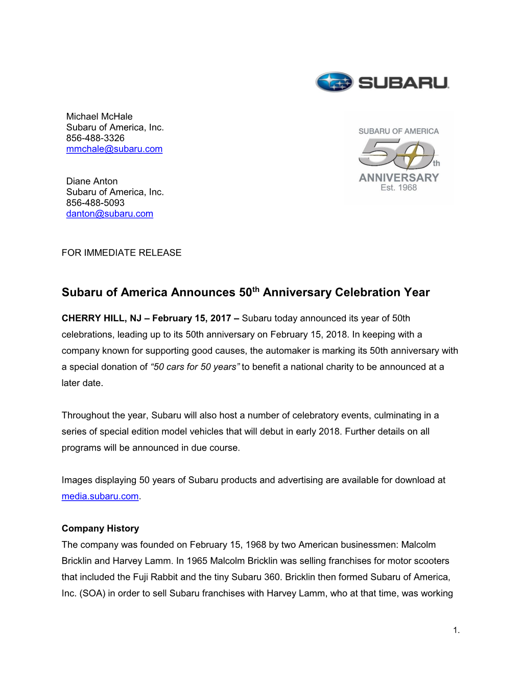 Subaru of America Announces 50Th Anniversary Celebration Year.Pdf