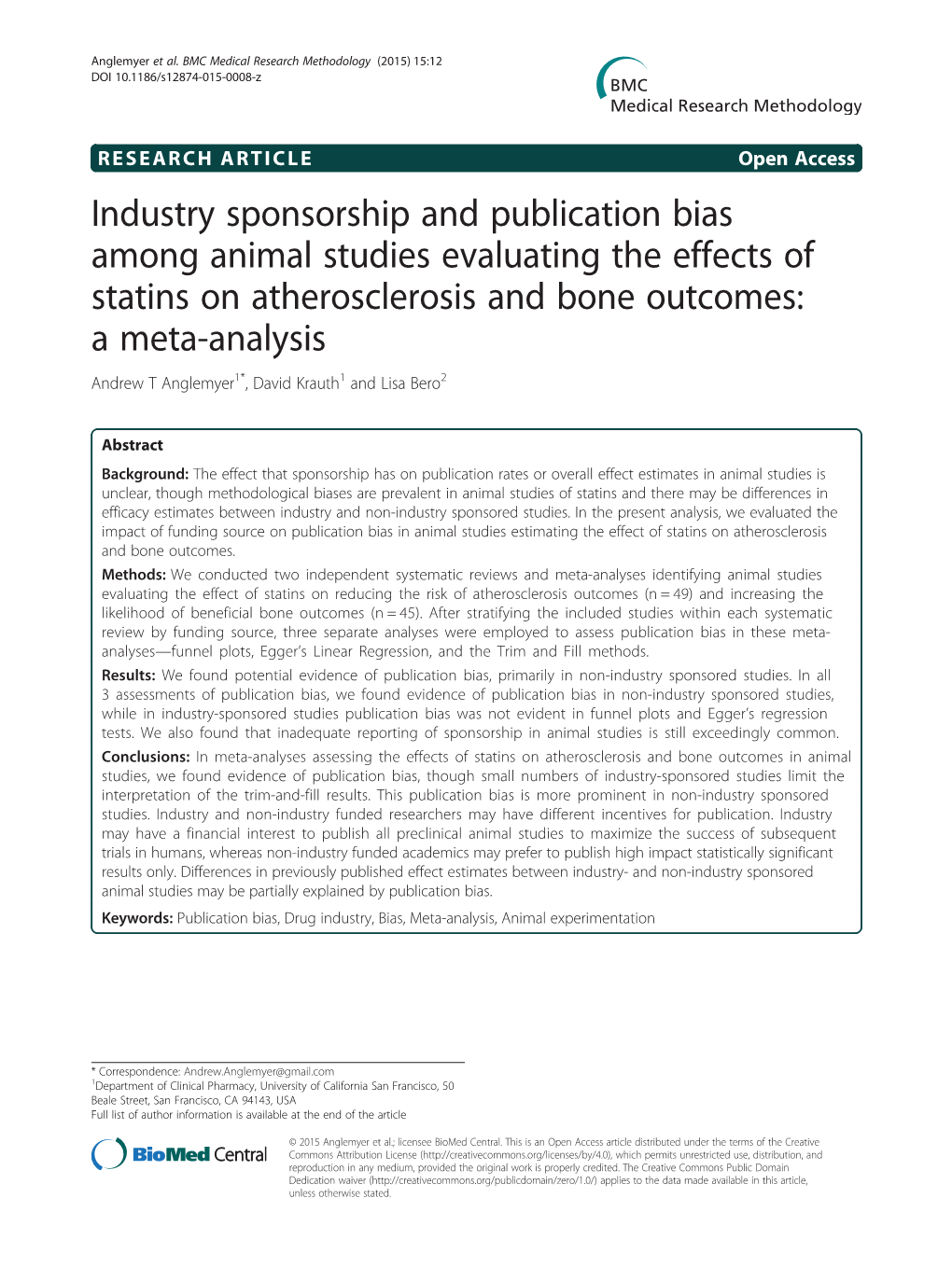 Industry Sponsorship and Publication Bias Among Animal Studies