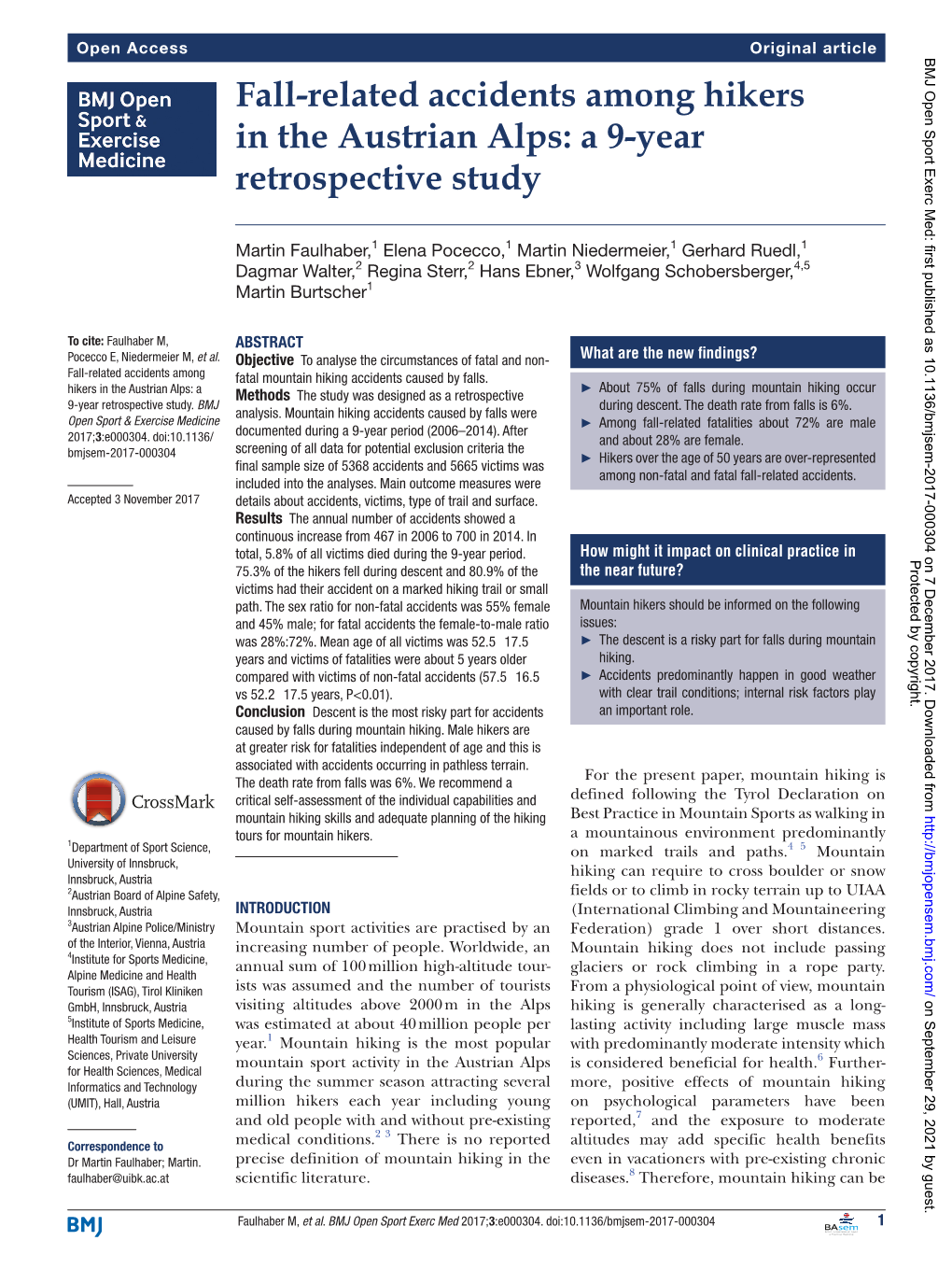 Fall-Related Accidents Among Hikers in the Austrian Alps: a 9-Year Retrospective Study