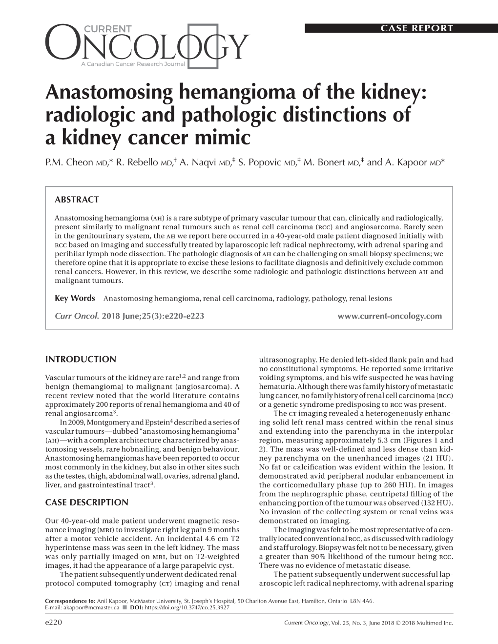 Anastomosing Hemangioma of the Kidney: Radiologic and Pathologic Distinctions of a Kidney Cancer Mimic