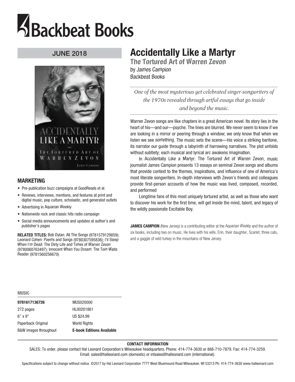 Accidentally Like a Martyr the Tortured Art of Warren Zevon by James Campion Backbeat Books