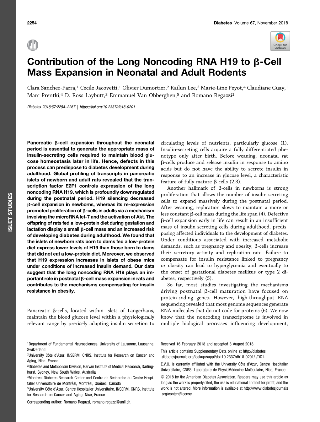 Contribution of the Long Noncoding RNA H19 to Β-Cell Mass Expansion in Neonatal and Adult Rodents