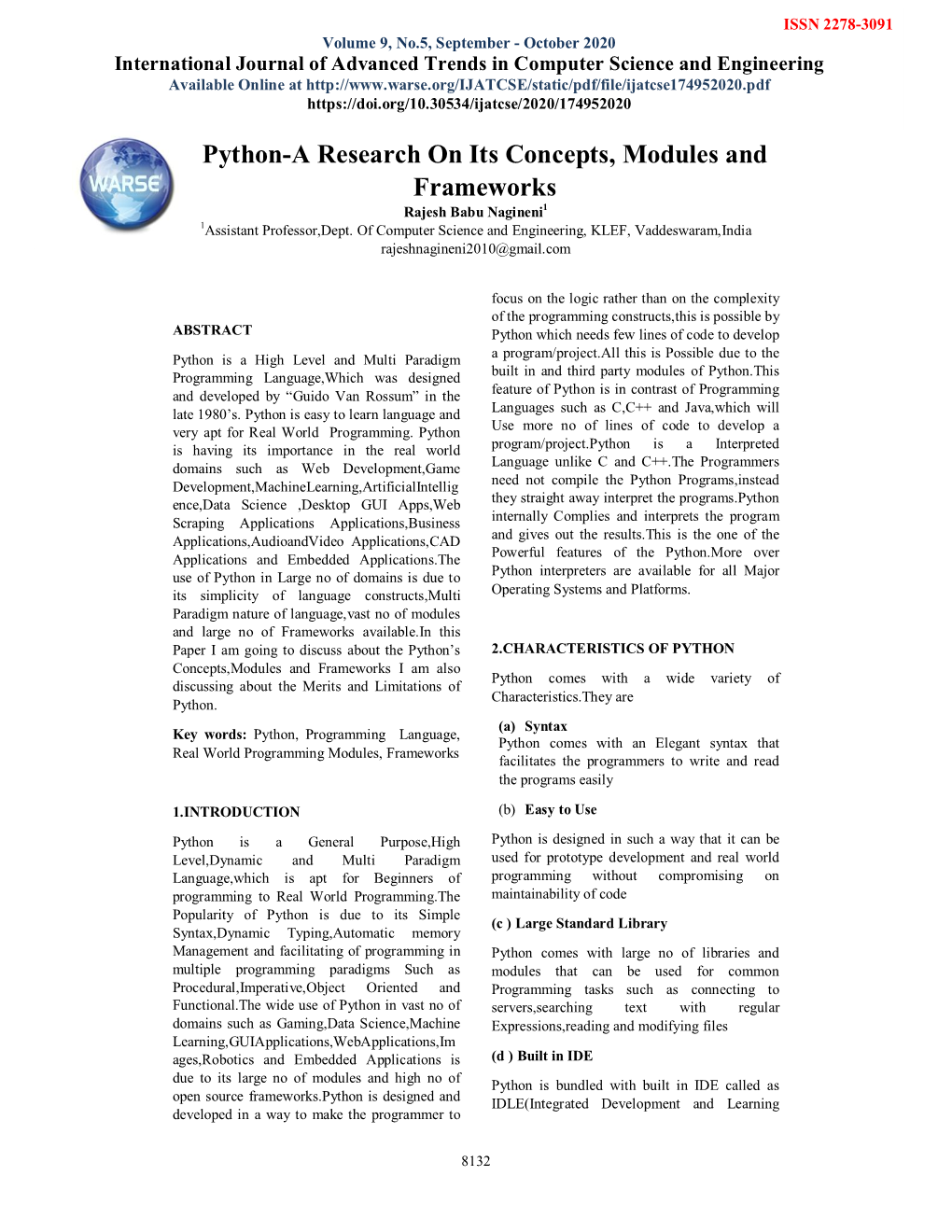 Python-A Research on Its Concepts, Modules and Frameworks Rajesh Babu Nagineni1 1Assistant Professor,Dept