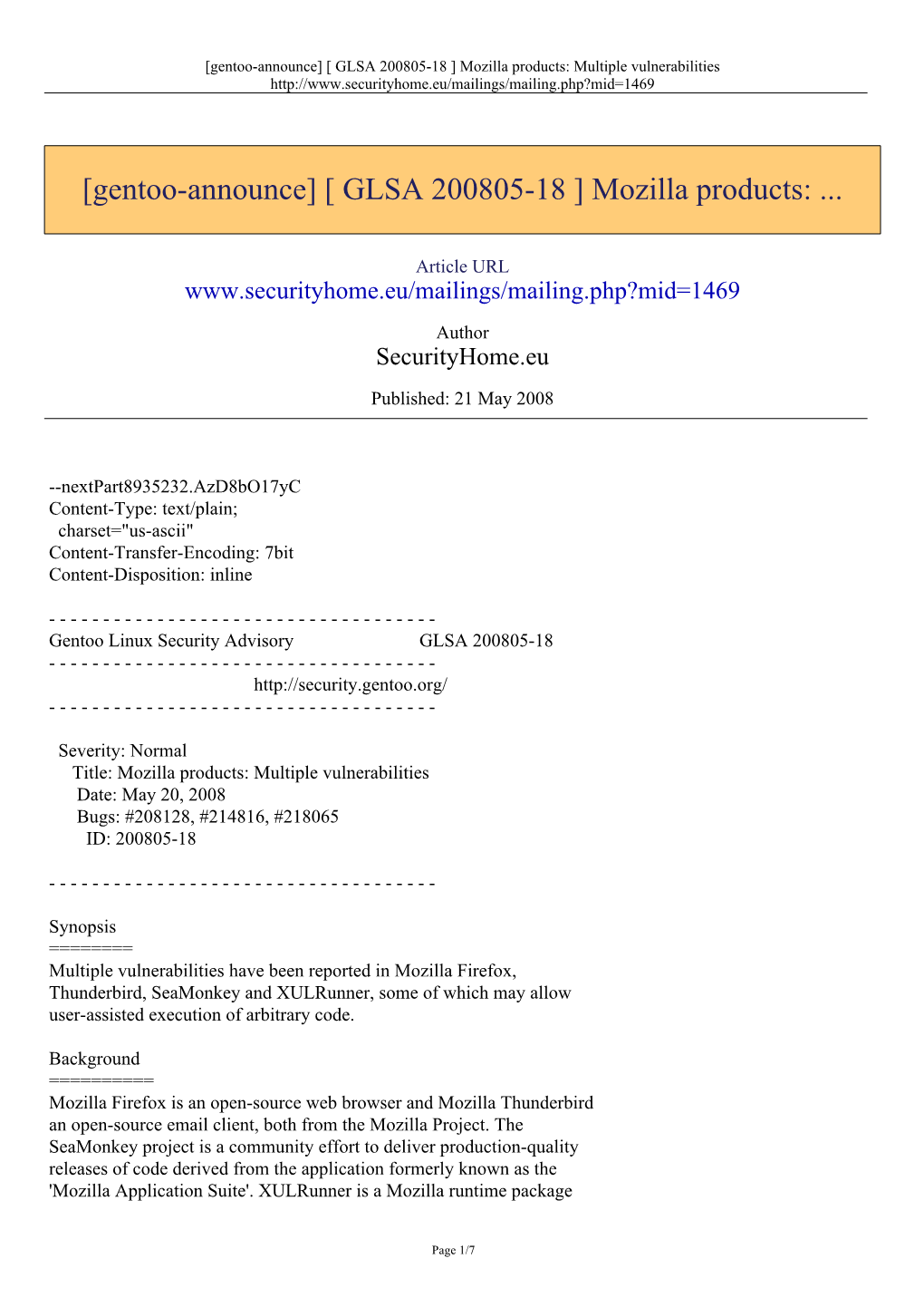 [Gentoo-Announce] [ GLSA 200805-18 ] Mozilla Products: Multiple Vulnerabilities
