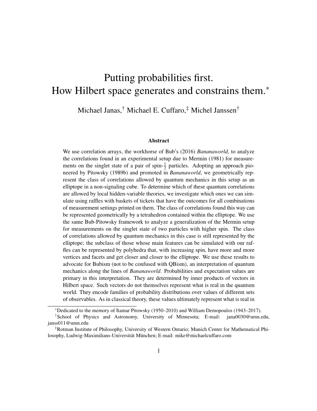 Putting Probabilities First. How Hilbert Space Generates