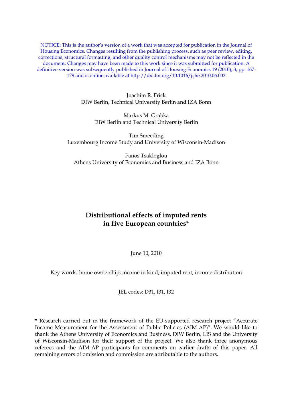 Distributional Effects of Imputed Rents in Five European Countries*