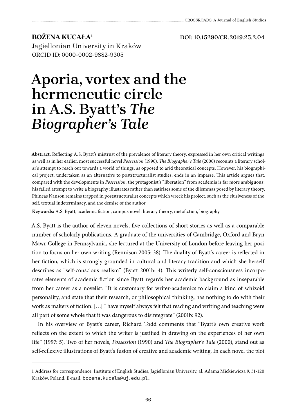 Aporia, Vortex and the Hermeneutic Circle in A.S. Byatt's The