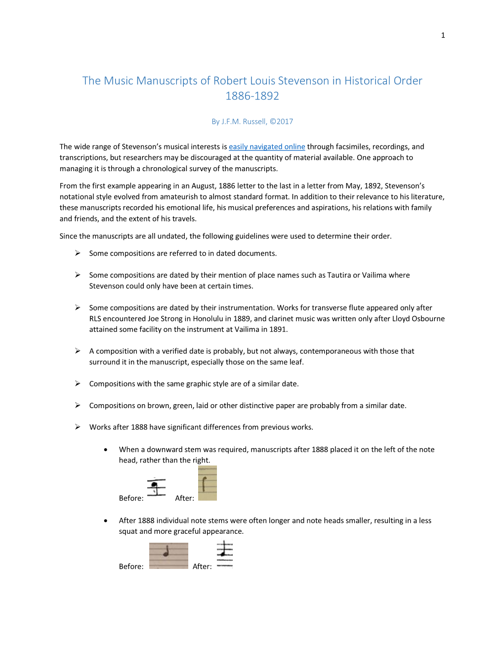 The Music Manuscripts of Robert Louis Stevenson in Historical Order 1886-1892