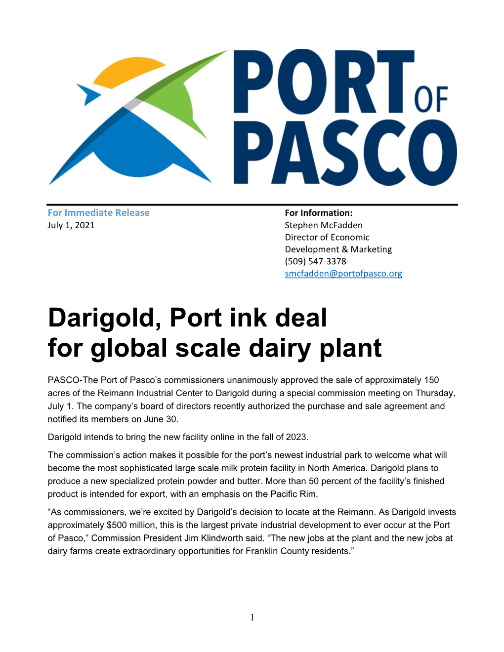 Darigold, Port Ink Deal for Global Scale Dairy Plant