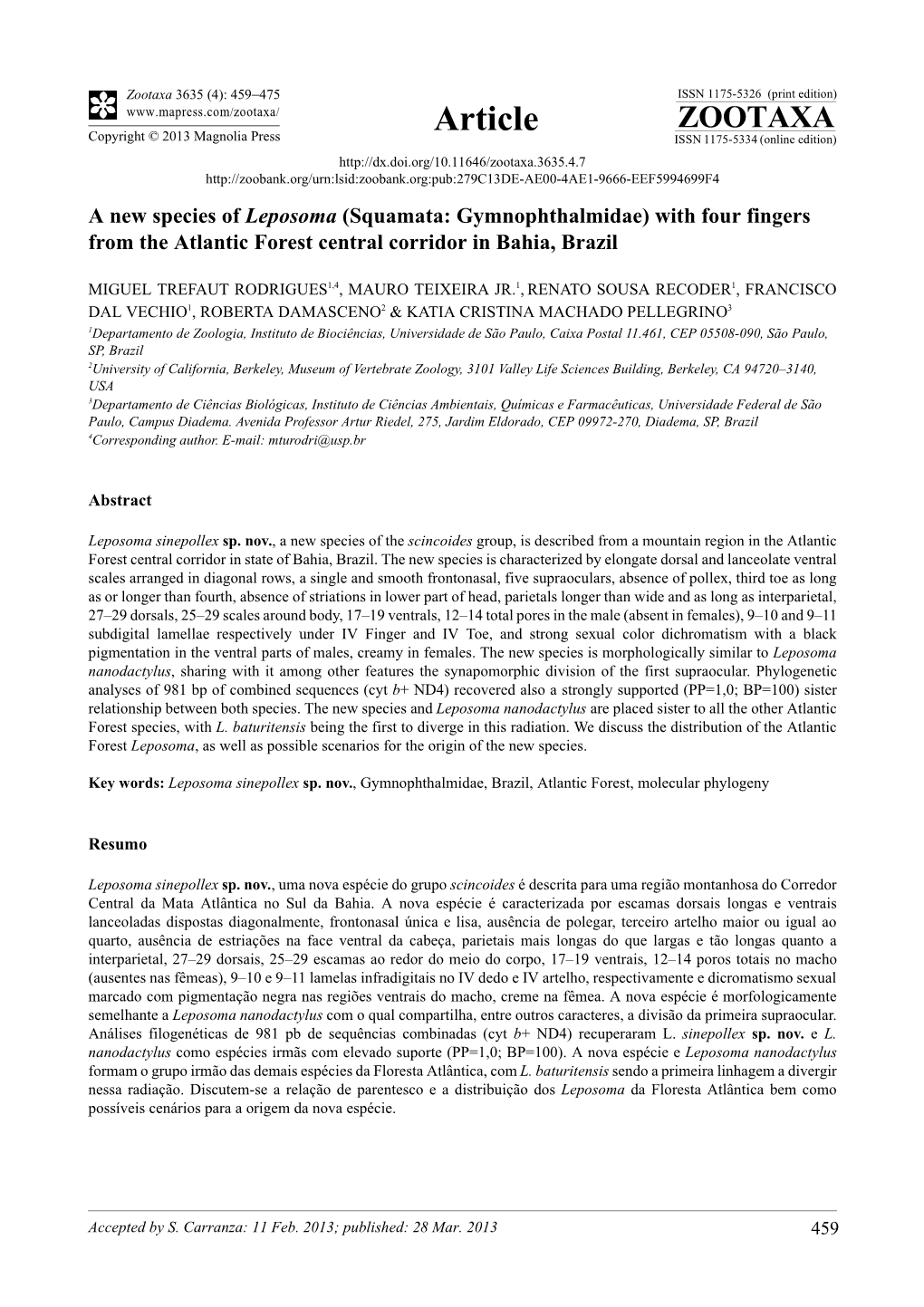 A New Species of Leposoma (Squamata: Gymnophthalmidae) with Four Fingers from the Atlantic Forest Central Corridor in Bahia, Brazil