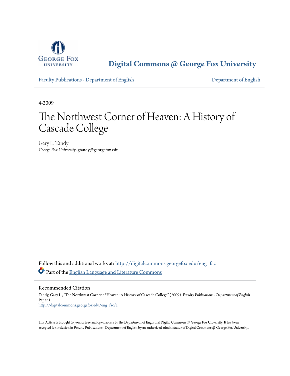 The Northwest Corner of Heaven: a History of Cascade College