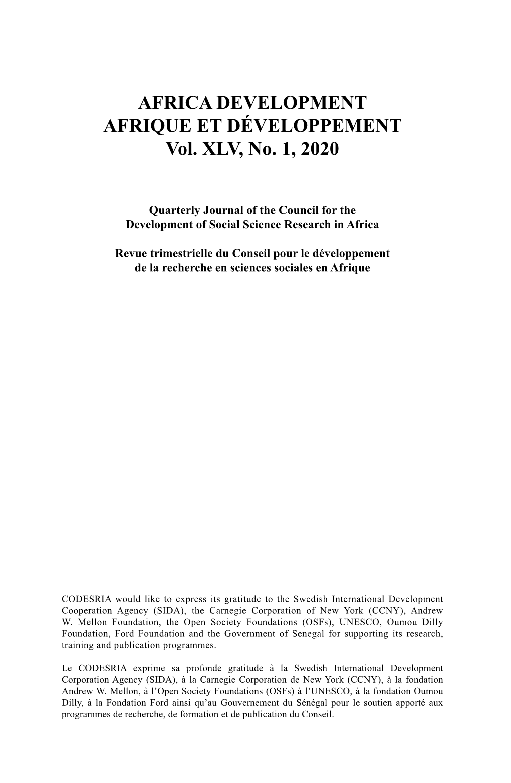 AFRICA DEVELOPMENT AFRIQUE ET DÉVELOPPEMENT Vol. XLV, No