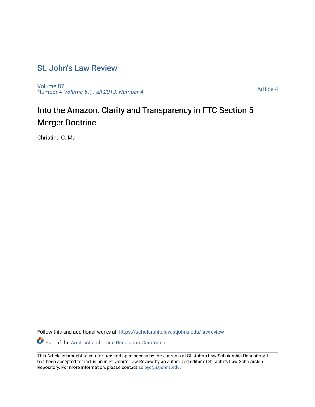 Into the Amazon: Clarity and Transparency in FTC Section 5 Merger Doctrine