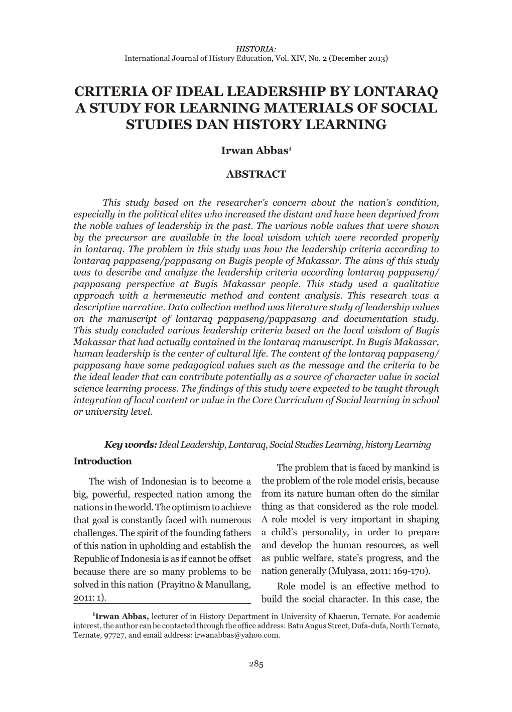 Criteria of Ideal Leadership by Lontaraq a Study for Learning Materials of Social Studies Dan History Learning