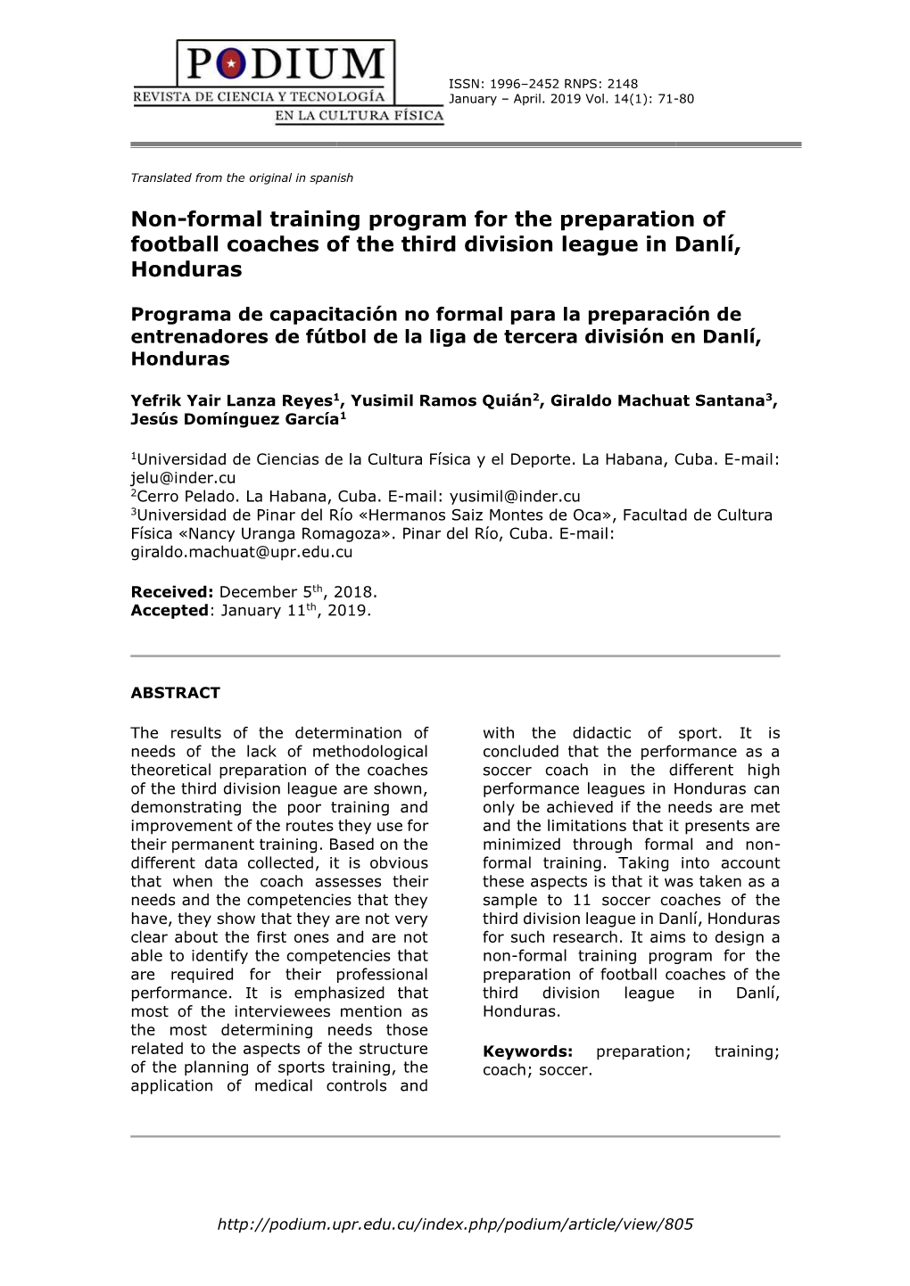 Non-Formal Training Program for the Preparation of Football Coaches of the Third Division League in Danlí, Honduras