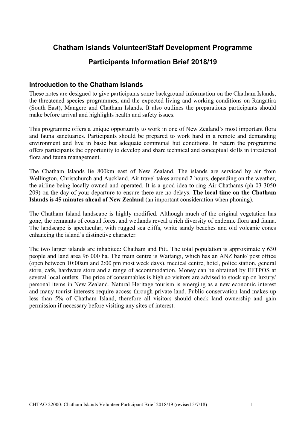 Chatham Islands Volunter Opportunities Staff Development Brief
