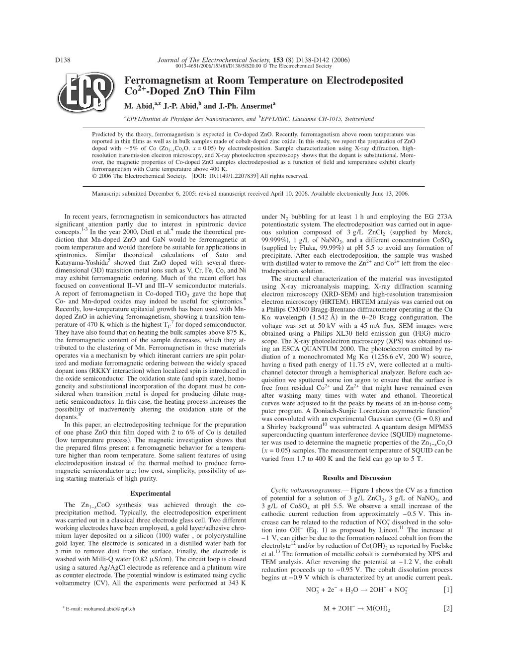 Ferromagnetism at Room Temperature on Electrodeposited Co2+-Doped Zno Thin Film M