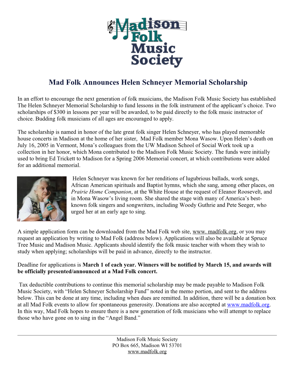 Madfolk Announces Helen Schneyer Memorial Scholarship