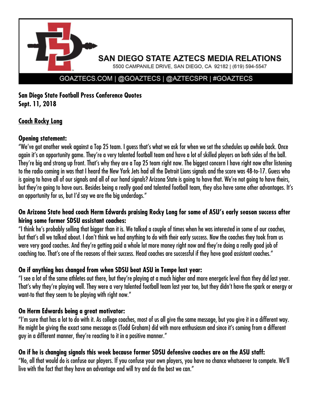 San Diego State Football Press Conference Quotes Sept. 11, 2018