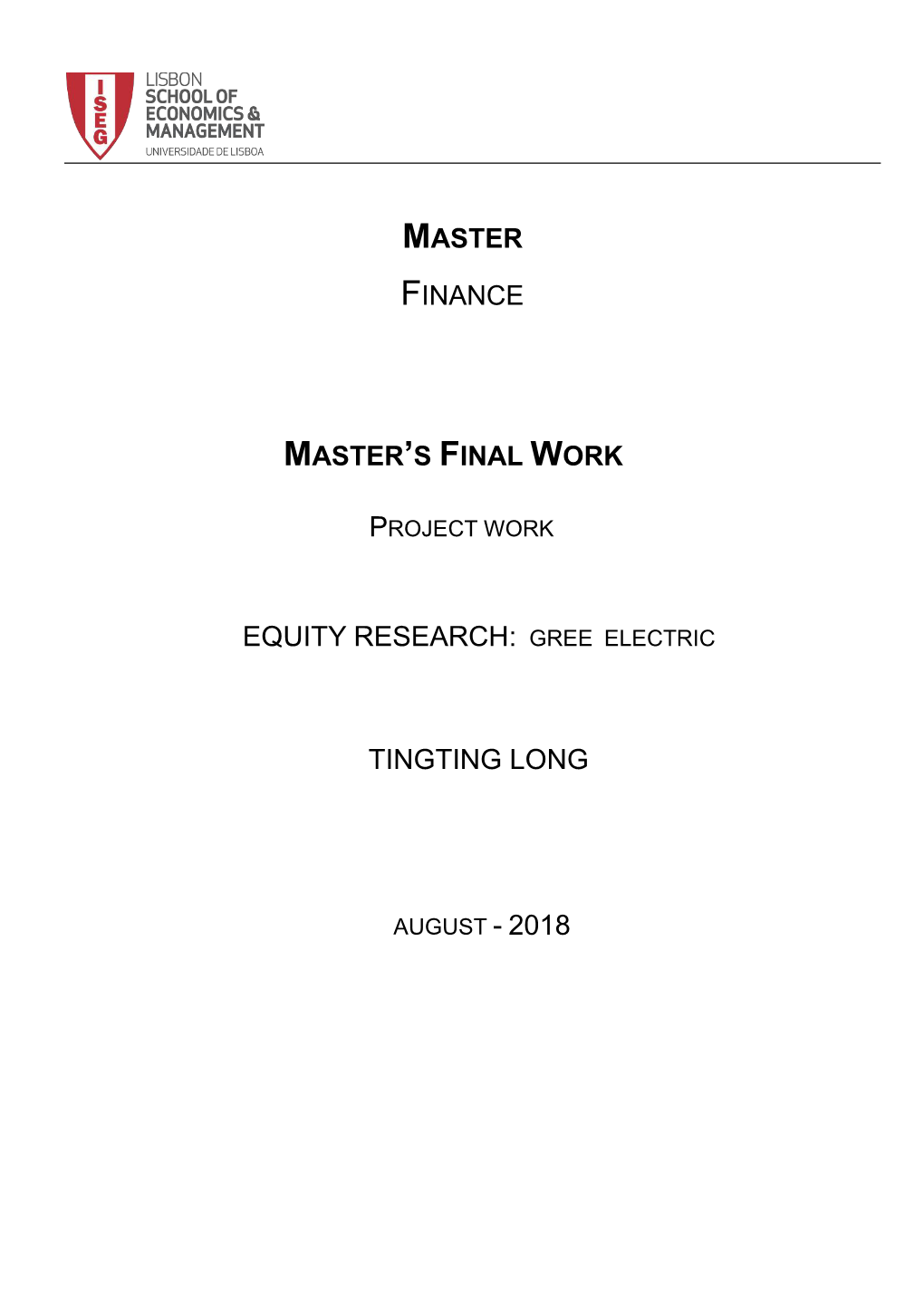 Project Work Equity Research: Gree Electric Tingting Long