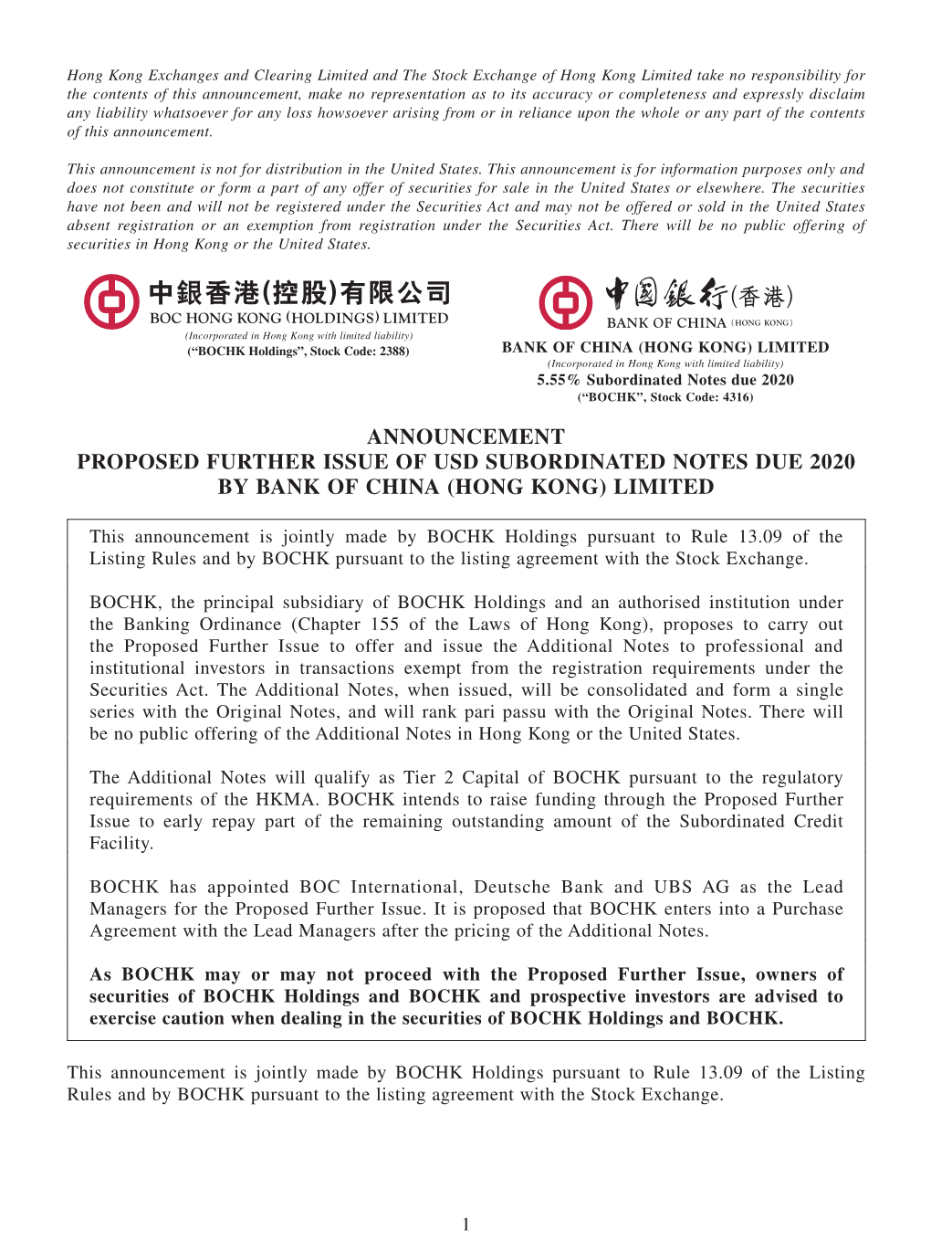 Proposed Further Issue of Usd Subordinated Notes Due 2020 by Bank of China (Hong Kong) Limited