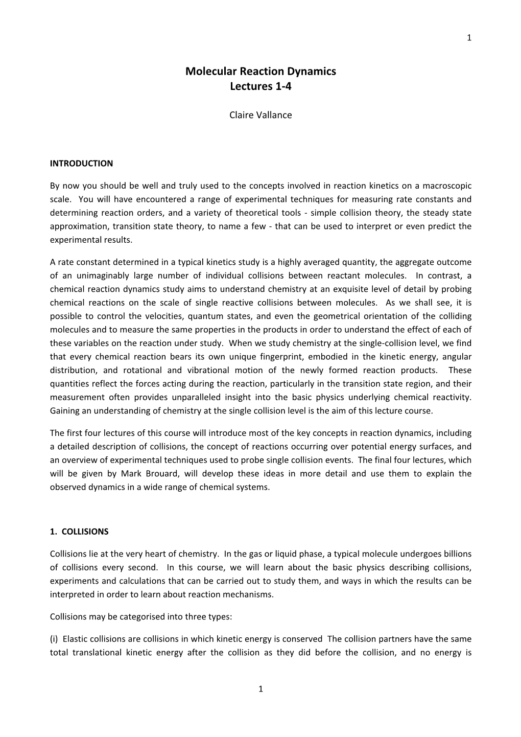 Molecular Reaction Dynamics Lectures 1‐4