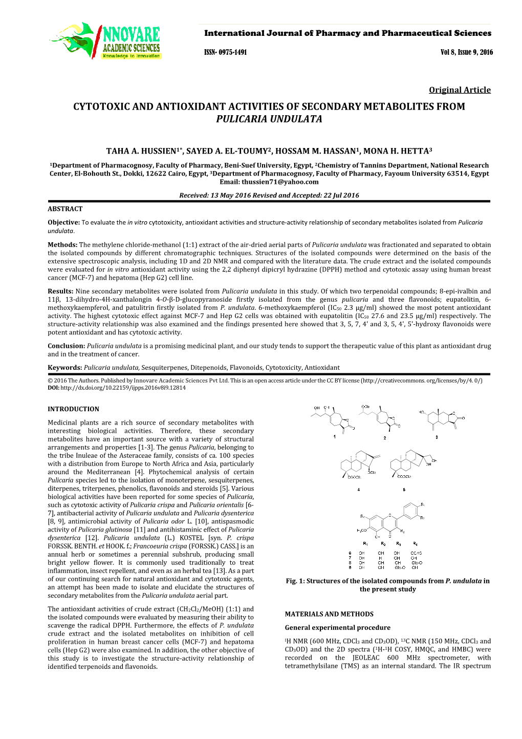 Cytotoxic and Antioxidant Activities of Secondary Metabolites from Pulicaria Undulata