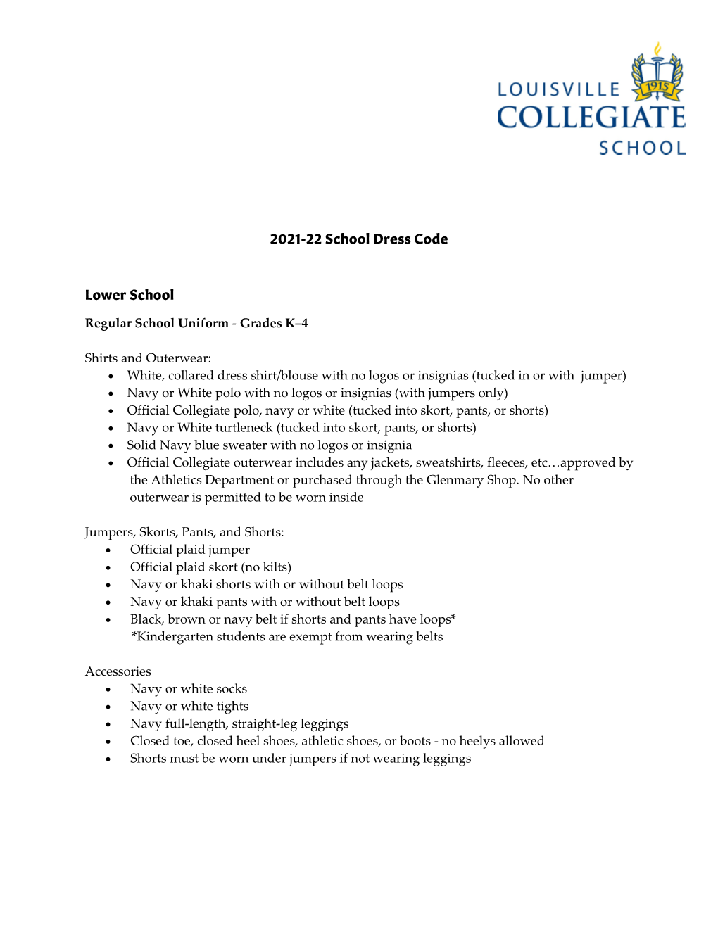 2021-22 School Dress Code Lower School