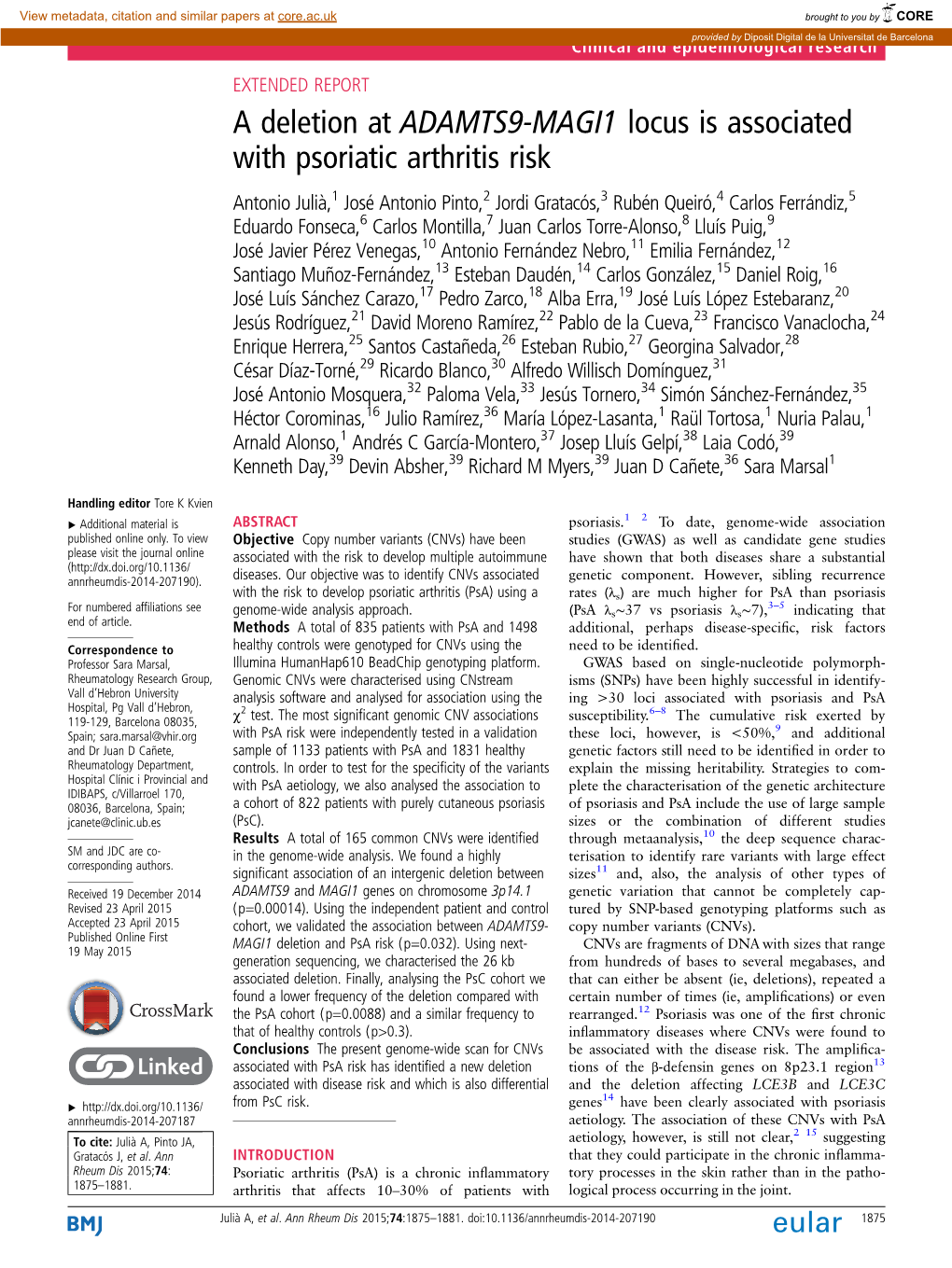 A Deletion at ADAMTS9-MAGI1 Locus Is Associated with Psoriatic Arthritis