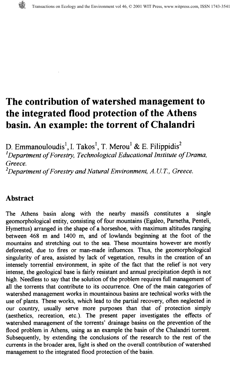The Contribution of Watershed Management to the Integrated Flood Protection of the Athens Basin. an Example: the Torrent of Chalandri