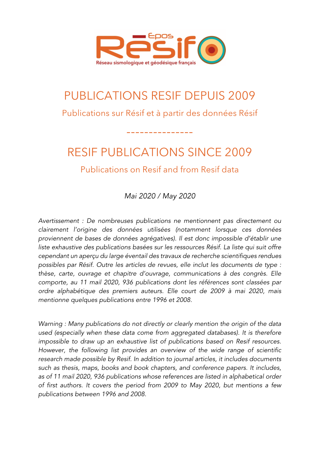 Publications Resif Depuis 2009 Resif Publications Since 2009