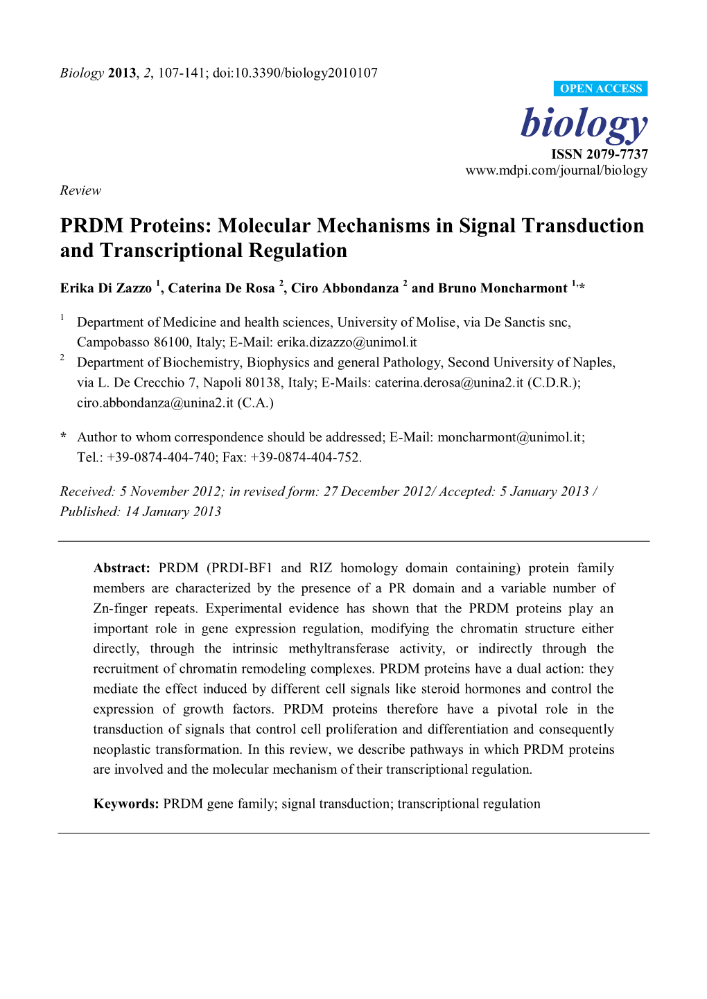 PRDM Proteins: Molecular Mechanisms in Signal Transduction and Transcriptional Regulation