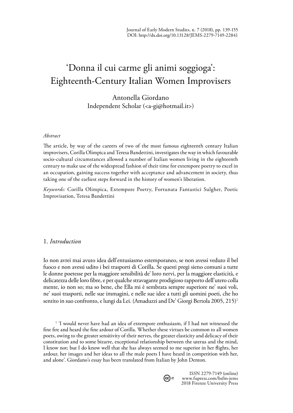 'Donna Il Cui Carme Gli Animi Soggioga': Eighteenth-Century Italian Women