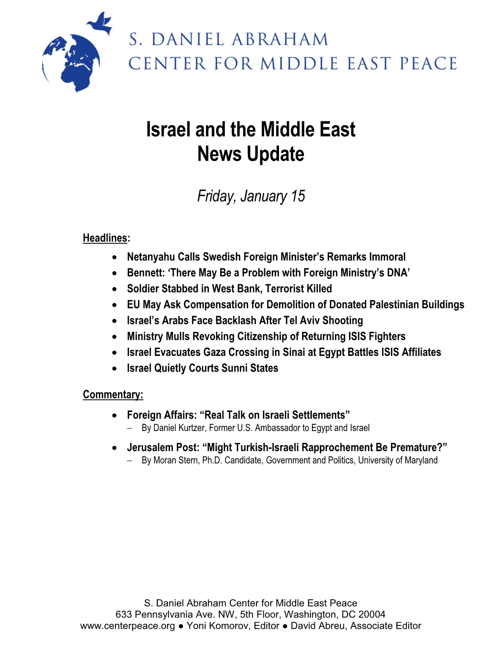 Israel and the Middle East News Update