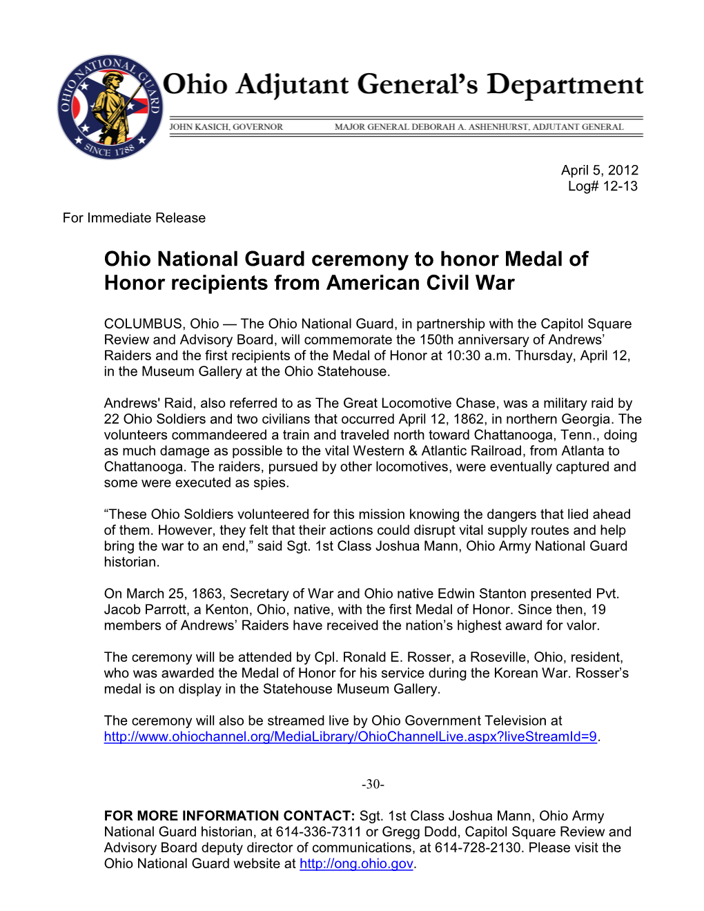 Ohio National Guard Ceremony to Honor Medal of Honor Recipients from American Civil War