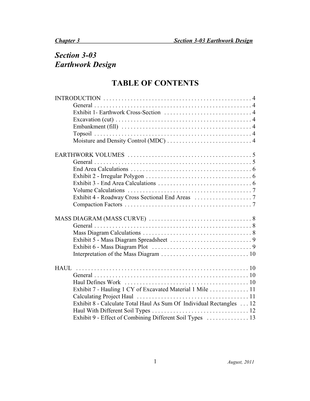 Section 3-03 Earthwork Design TABLE of CONTENTS