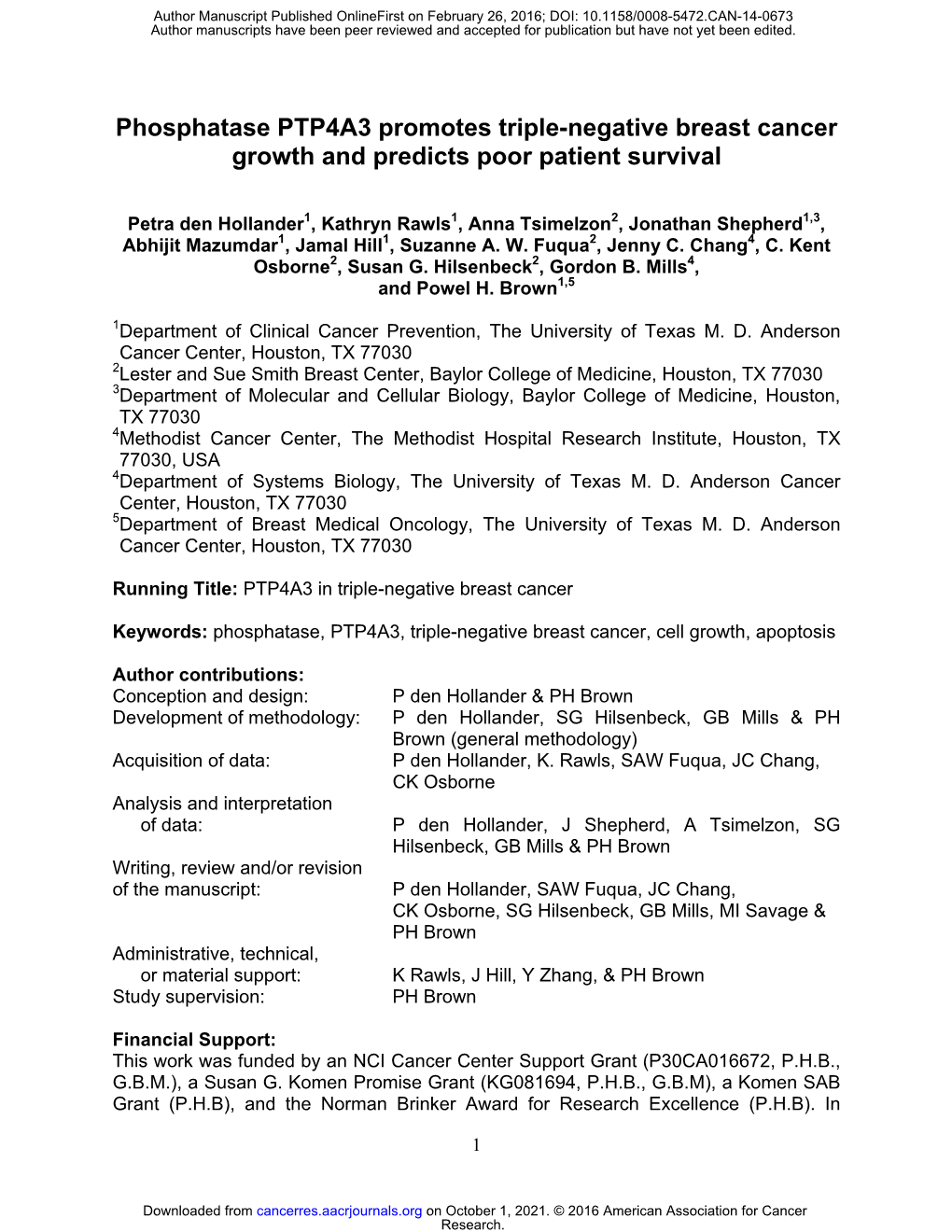 Phosphatase PTP4A3 Promotes Triple-Negative Breast Cancer Growth and Predicts Poor Patient Survival