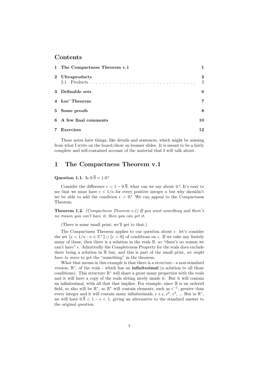 Contents 1 the Compactness Theorem