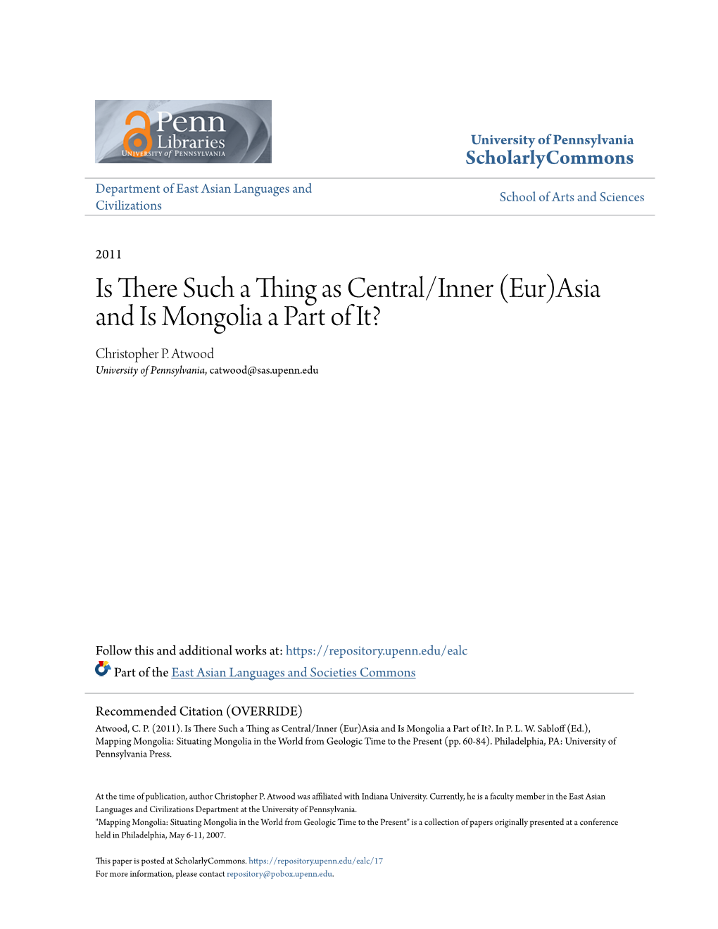 Is There Such a Thing As Central/Inner (Eur)Asia and Is Mongolia a Part of It? Christopher P