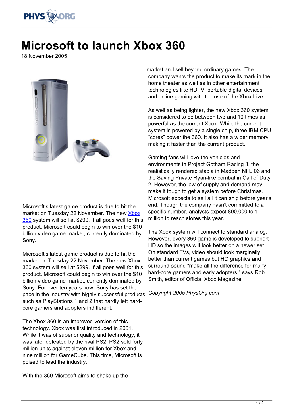 Microsoft to Launch Xbox 360 18 November 2005