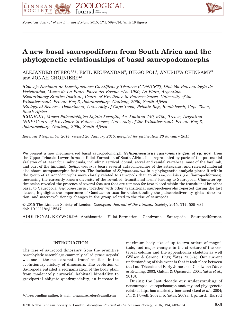 A New Basal Sauropodiform from South Africa and the Phylogenetic Relationships of Basal Sauropodomorphs