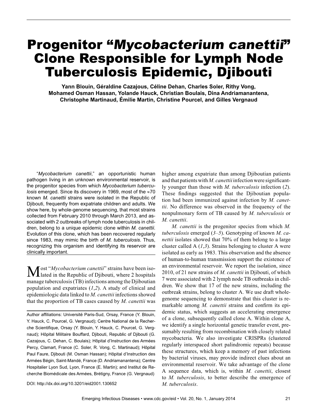 Progenitor “Mycobacterium Canettii” Clone Responsible for Lymph Node