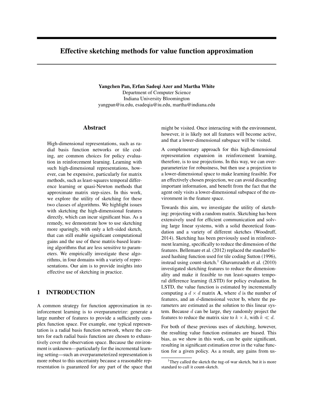 Effective Sketching Methods for Value Function Approximation