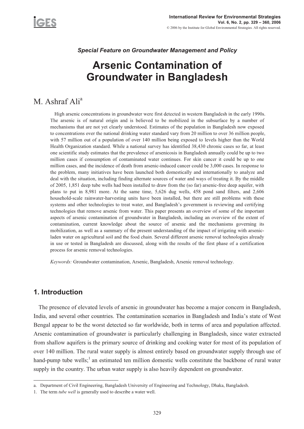 Arsenic Contamination of Groundwater in Bangladesh