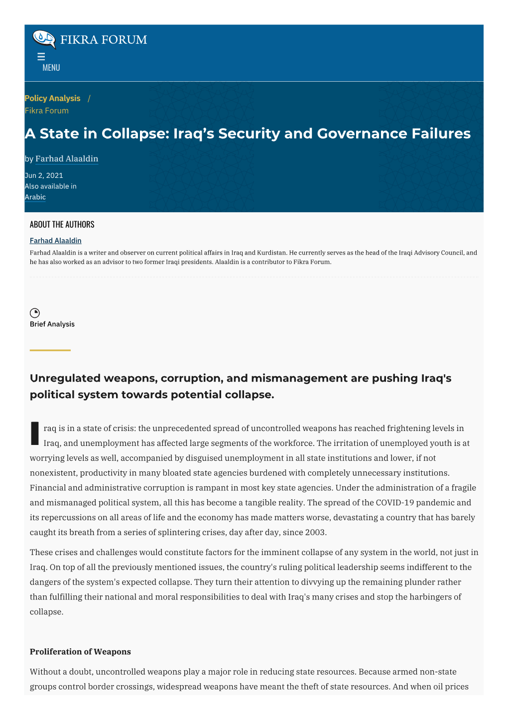 Iraq's Security and Governance Failures