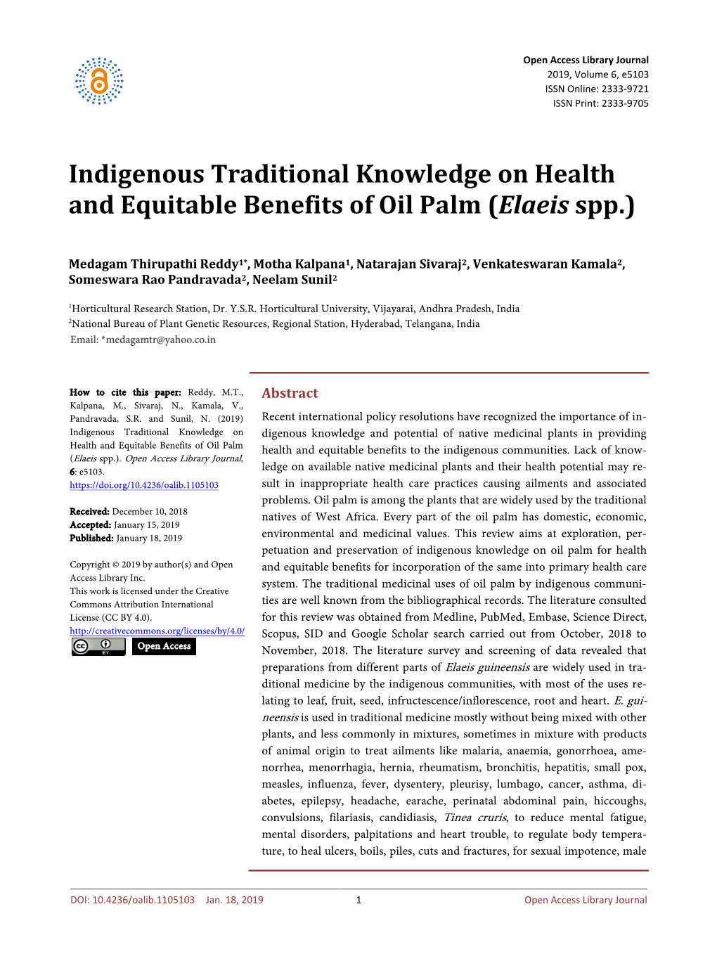 Indigenous Traditional Knowledge on Health and Equitable Benefits of Oil Palm (Elaeis Spp.)